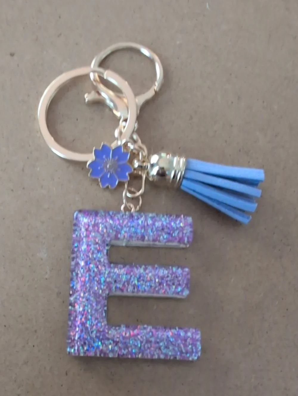 Glitter Initial 'E' Keychain with Tassel and Flower Charm